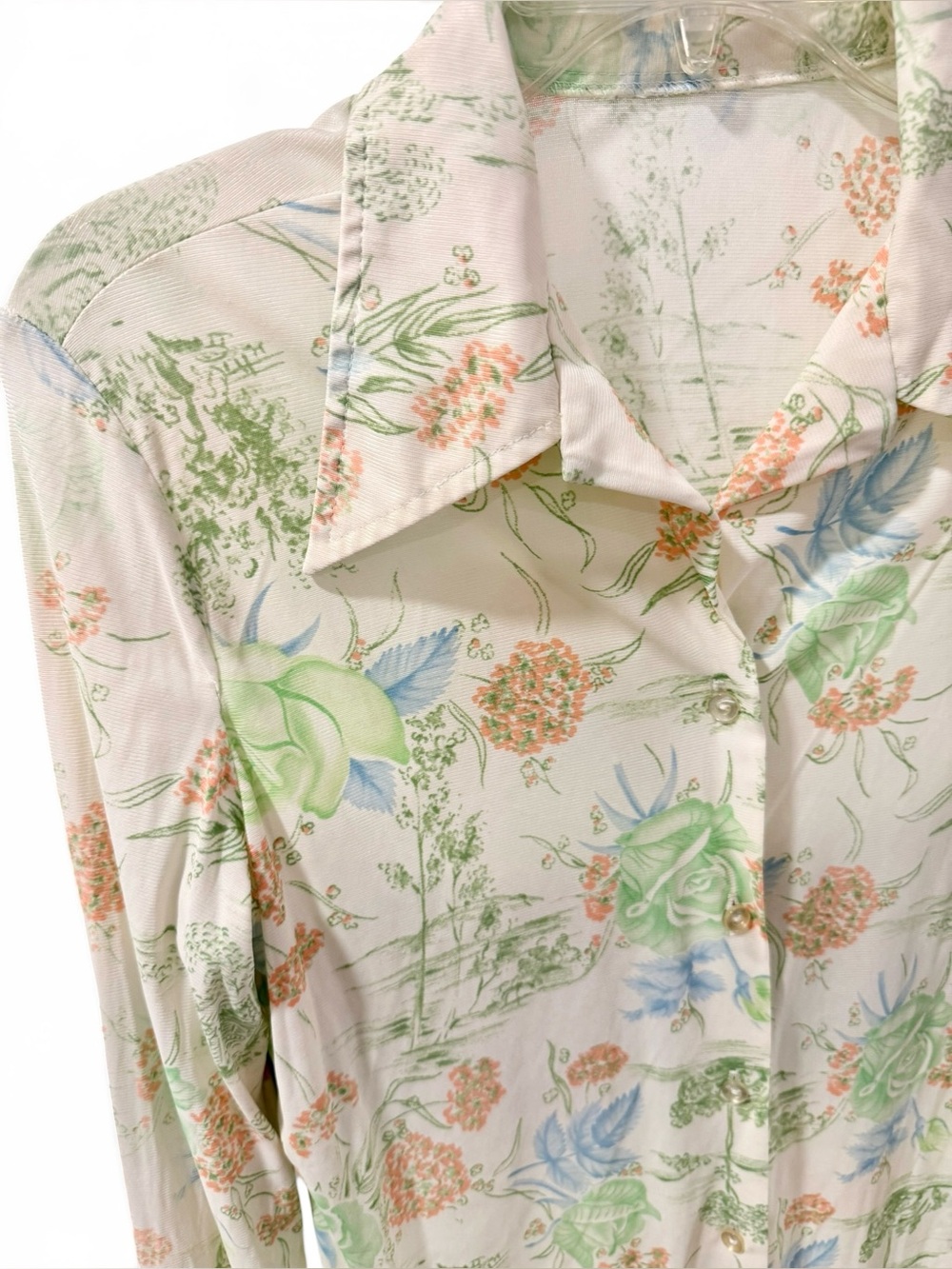 True 70s Vintage Floral Oversized Pointed Collar Polyester Long Sleeve Blouse - Picture 3 of 8